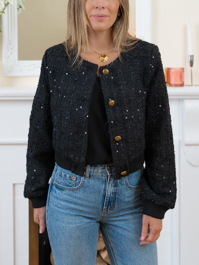 Black Bouclé Bomber Jacket