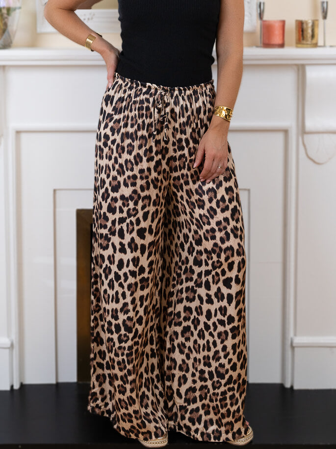 Beige Satin Leopard Trousers