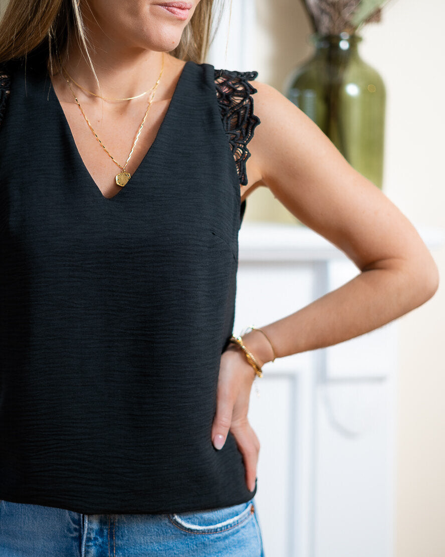 Black V neck top with lace details and back