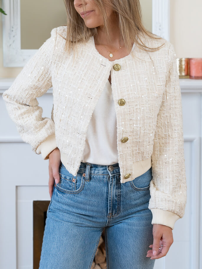 Cream Bouclé Bomber Jacket