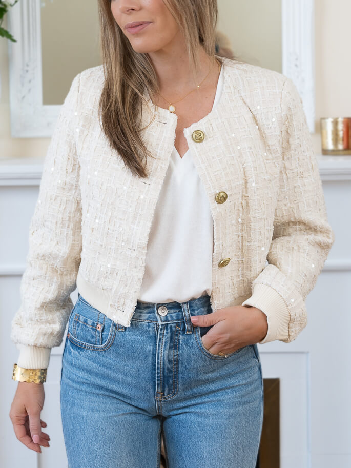 Cream Bouclé Bomber Jacket