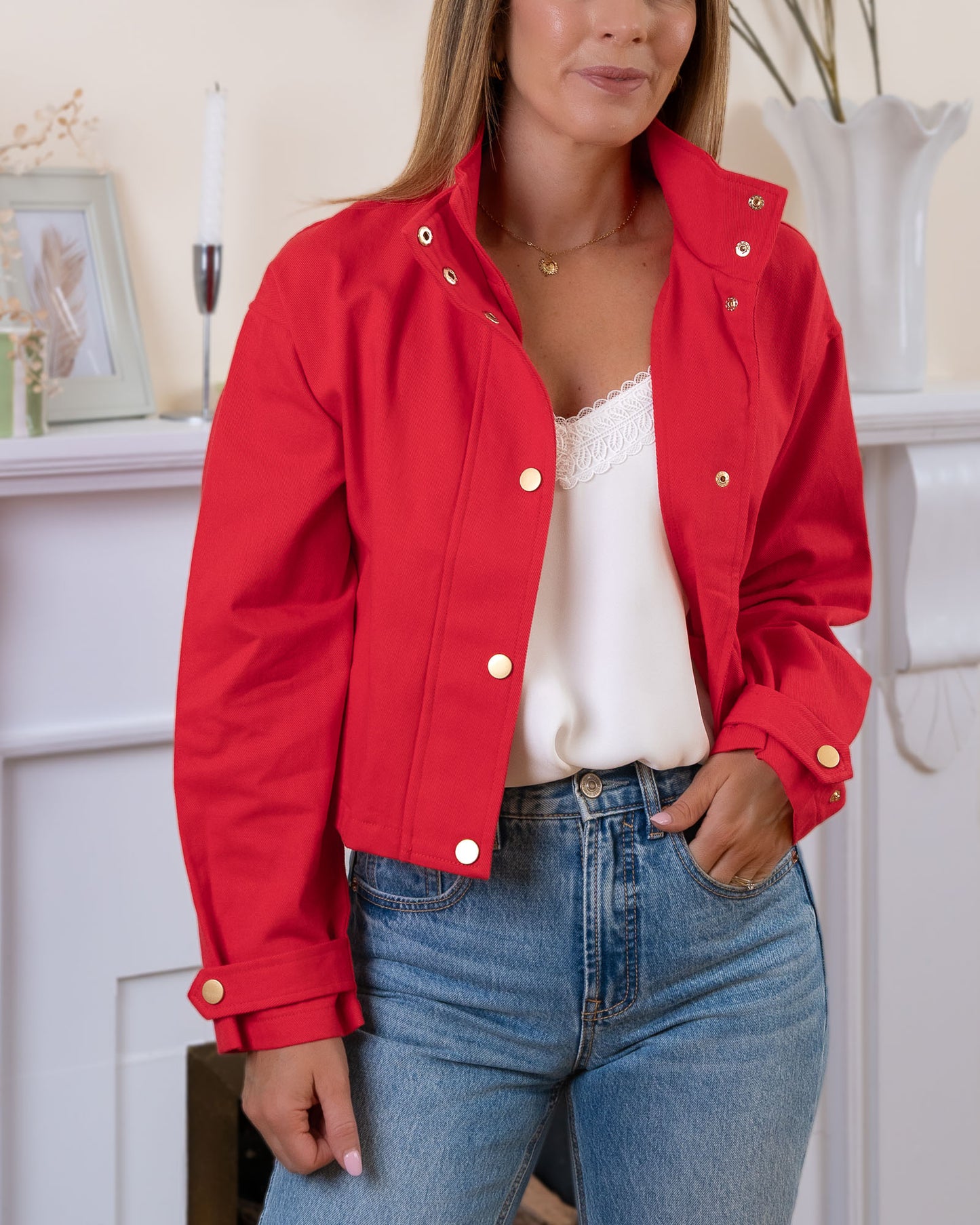Red Evy Denim Bomber