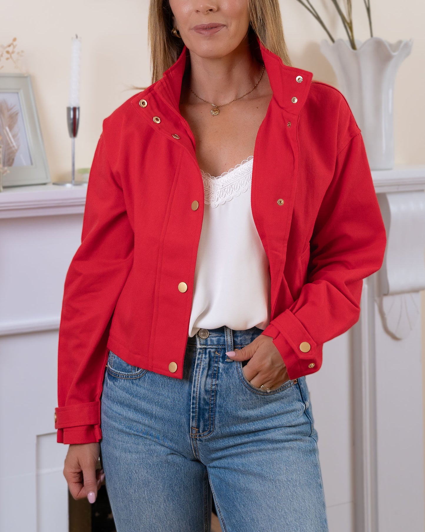 Red Evy Denim Bomber