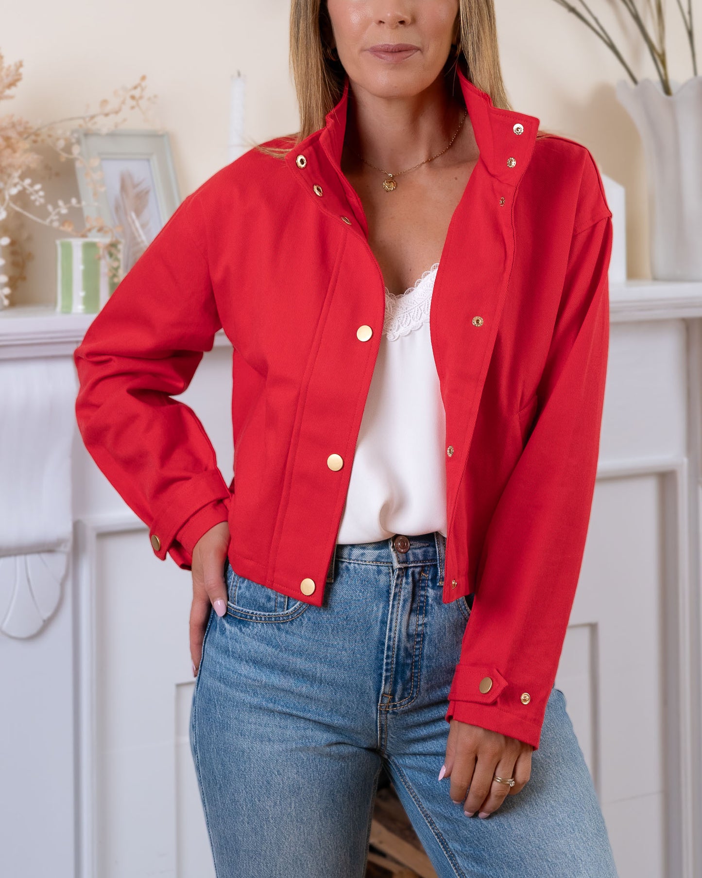 Red Evy Denim Bomber
