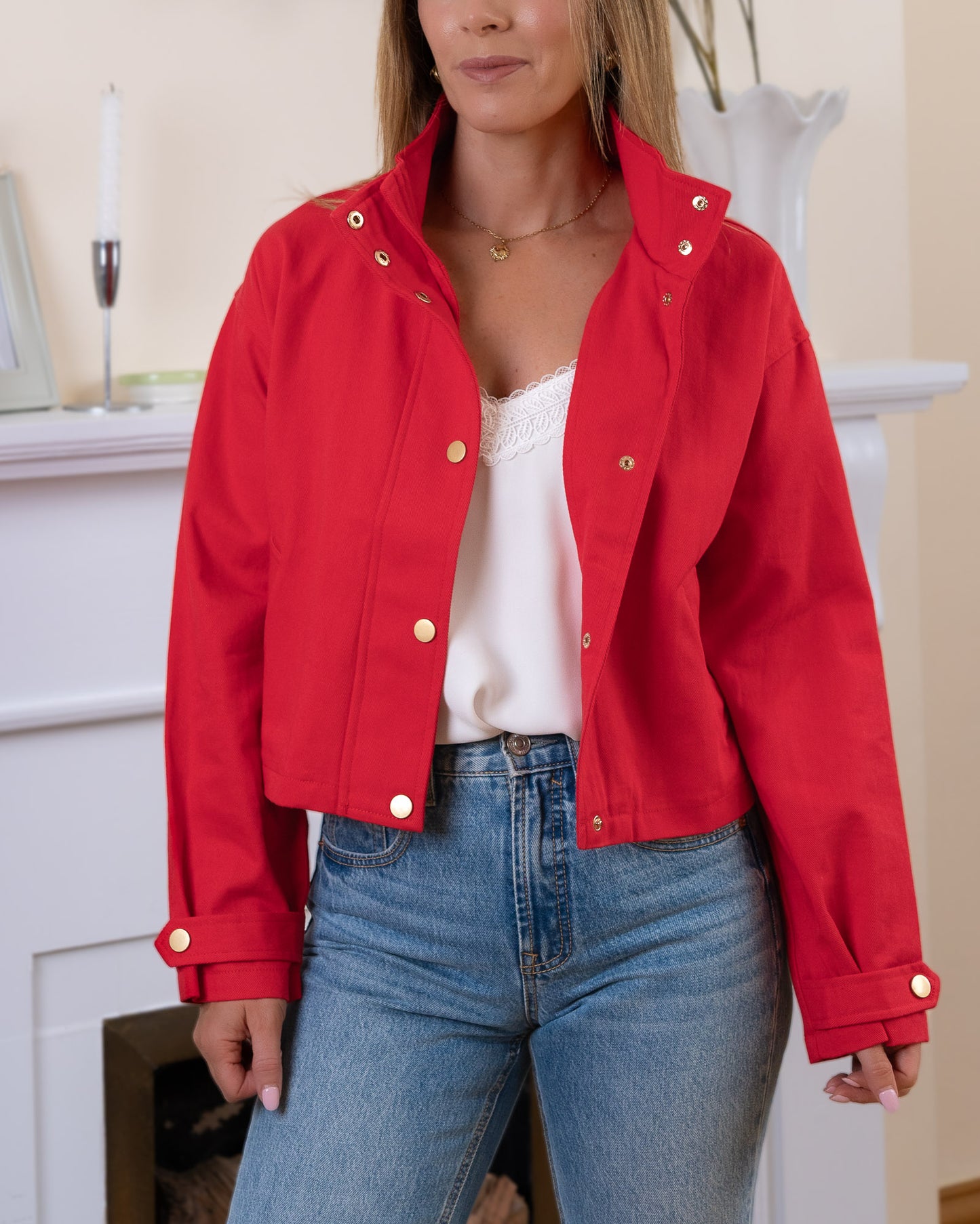 Red Evy Denim Bomber