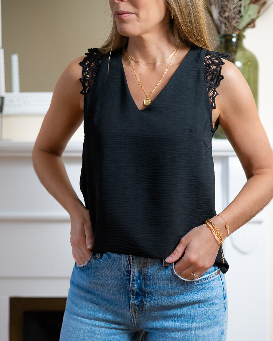 Black V neck top with lace details and back