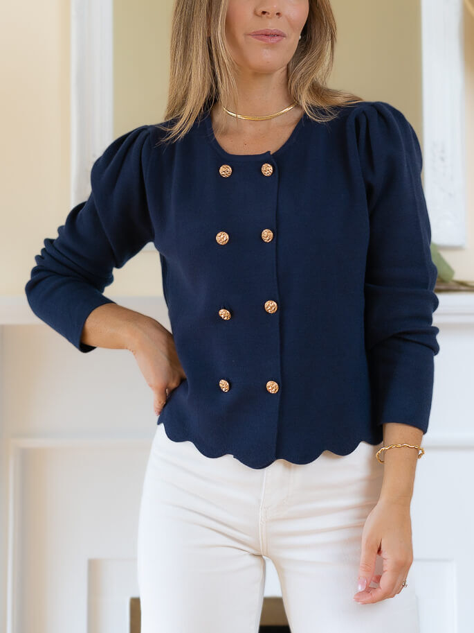 Navy cardigan with gold buttons down front,